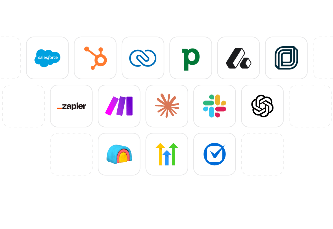 A grid of third-party service logos wired into a central application