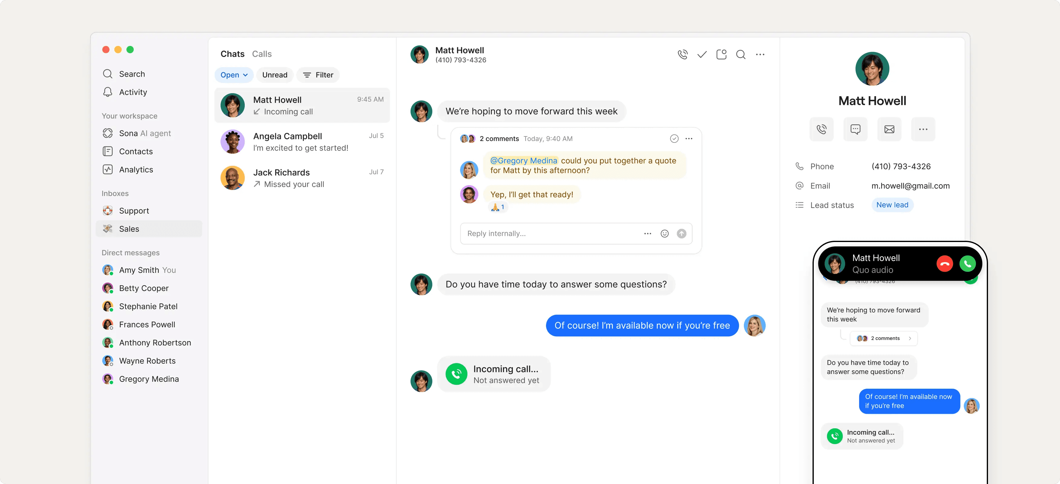 A web application interface showing a shared inbox, an open conversation thread, contact details in a side panel, and the same conversation mirrored on a phone.